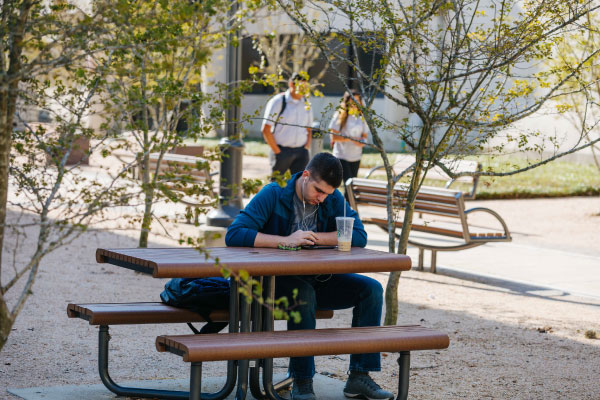 Male student sitting on a bench while browsing on his mobile phone